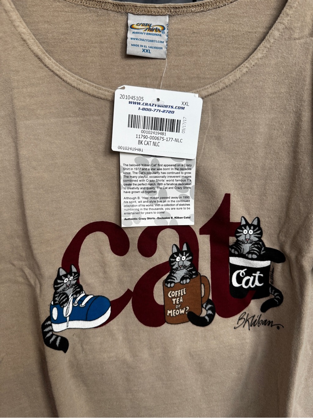 NEW NWT XXL B. Kliban Hawaii Crazy Shirts Hawaii Cat Tee Coffee Sneaker Shirt - Picture 7 of 13